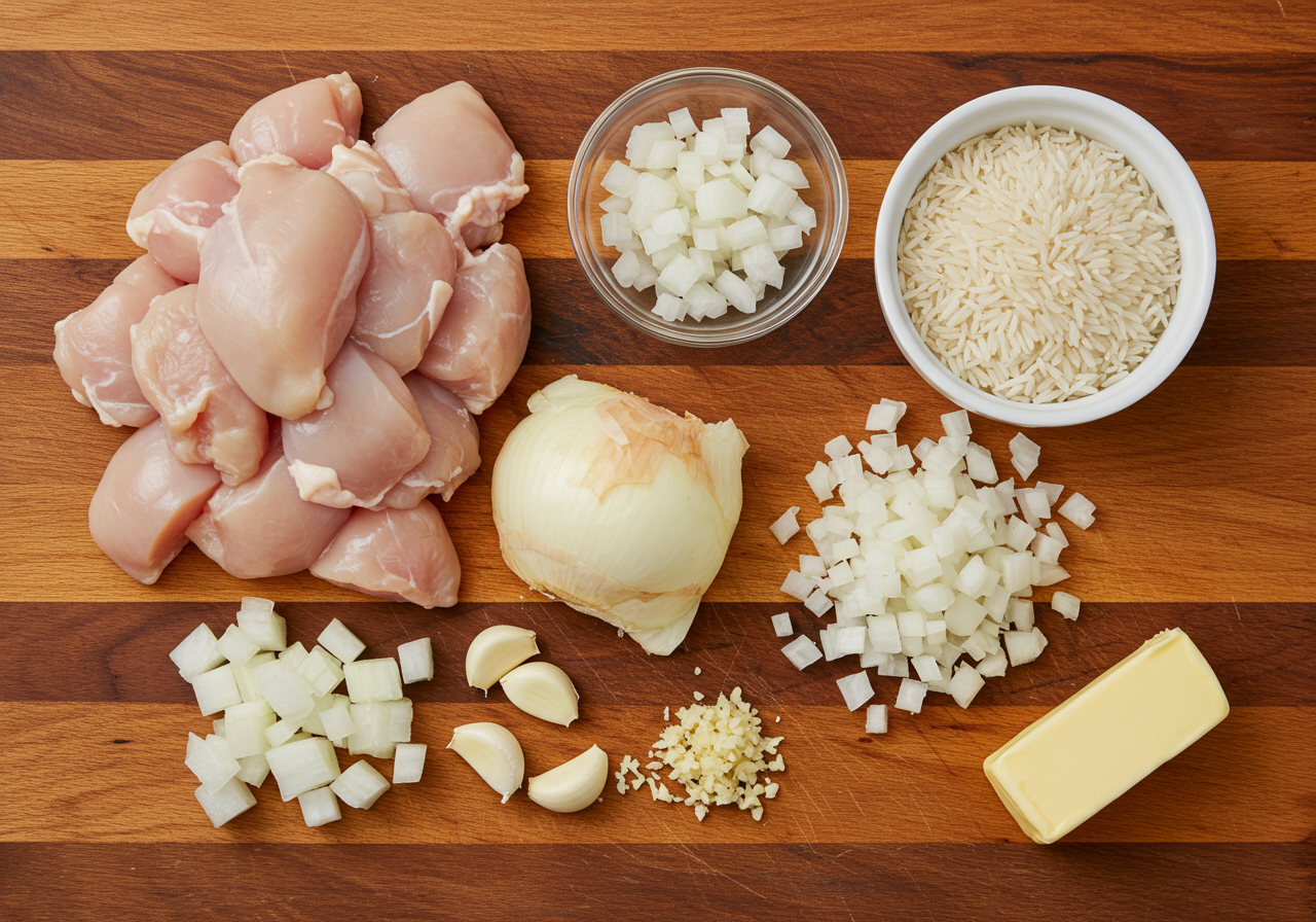 Ingredients for One-Pan Creamy Garlic Butter Chicken and Rice Recipe – Easy & Delicious Meal